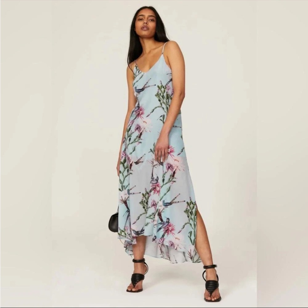 Allsaints Essey Senja Blue Floral Printed Sleeveless Midi Slip Dress